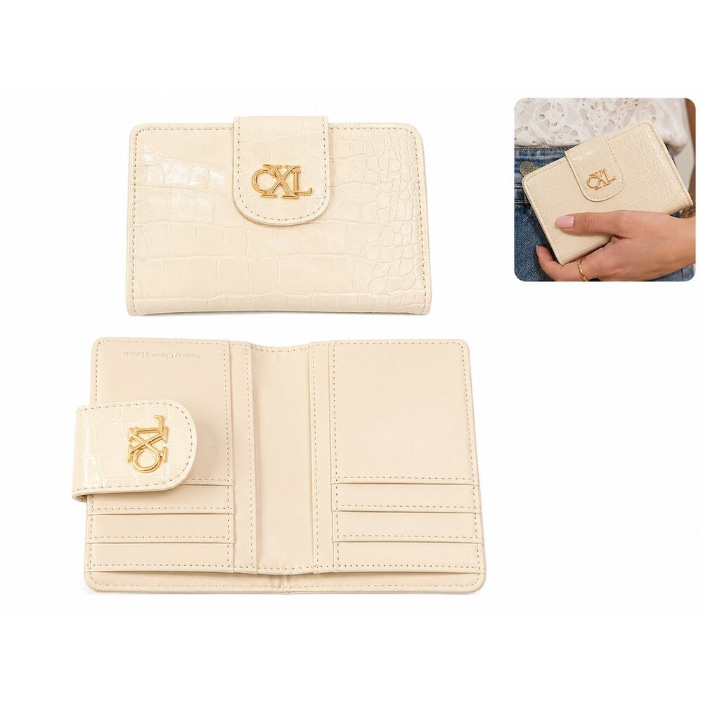 Christian Lacroix CXL Womens Bifold Wallet Ivory Croc Embossed Snap Gold Logo